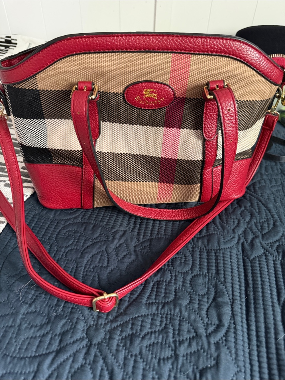 Beige Check Canvas Shoulder Bag with Red Leather Trim